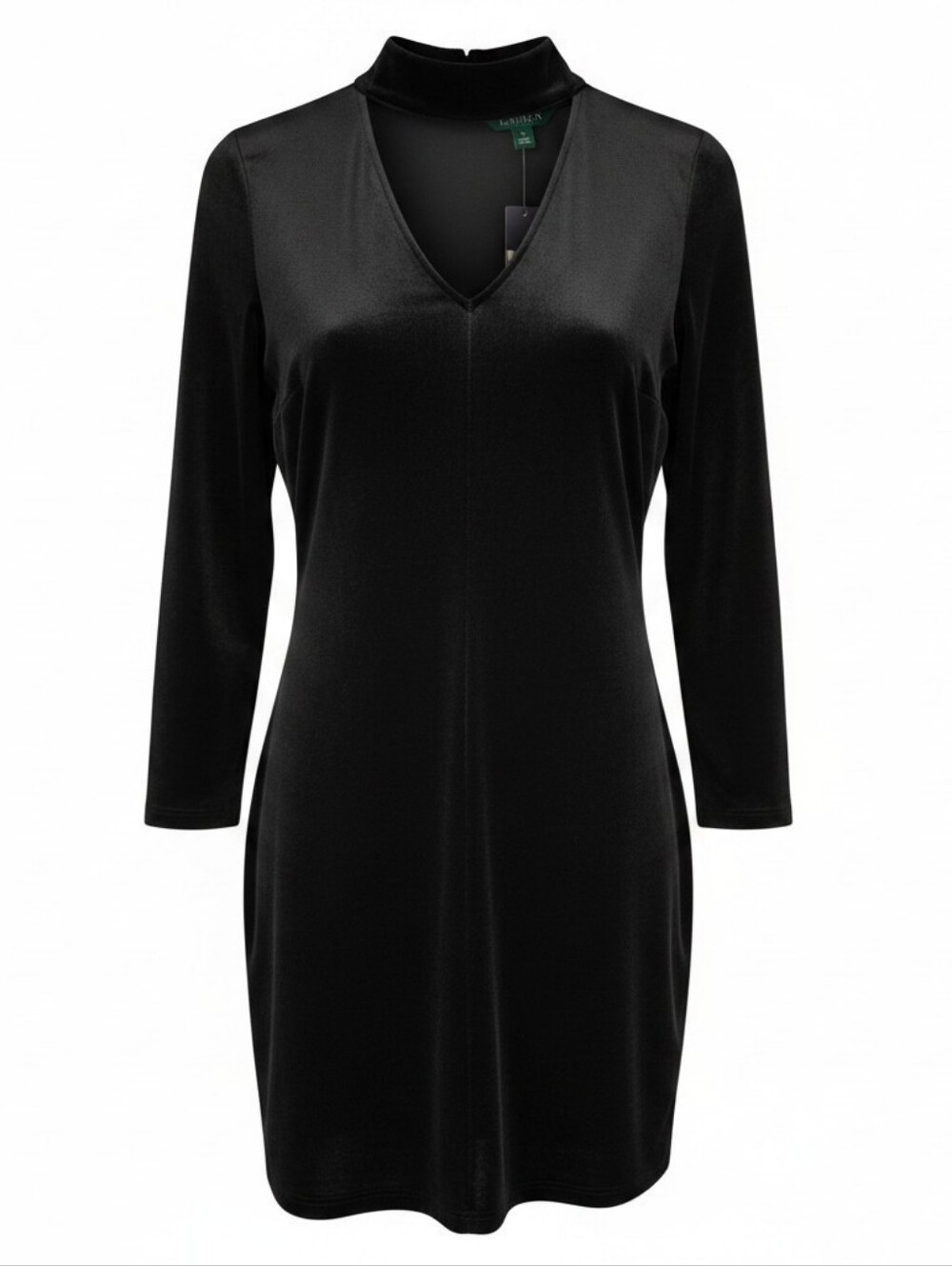 Ralp Lauren Black Velvet V-Neck Shift Dress with Mock Neck